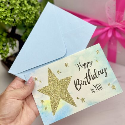 Листівка з конвертом «Happy Birthday to you» блакитна з глітером (15,5х10,5 см)